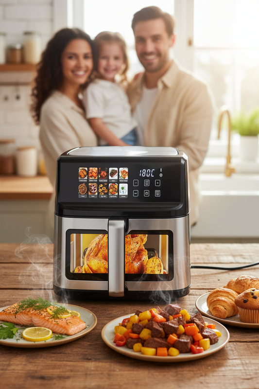 Friteuză cu Aer Cald TACTIL, Capacitate XXL, Panou Touch și Geam de Vizualizare, Inox/Negru
