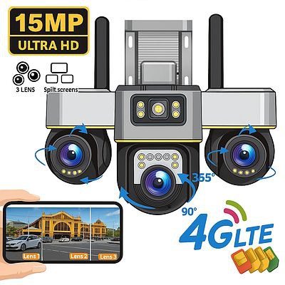 Cameră Supraveghere Exterior HD 12MP – Trei Motoare PTZ Independente (3x4MP)