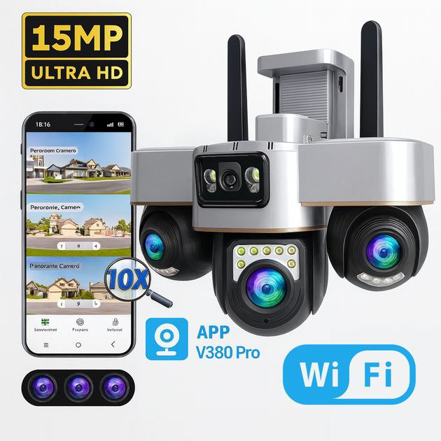 Cameră Supraveghere Exterior HD 12MP – Trei Motoare PTZ Independente (3x4MP)