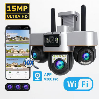 Cameră Supraveghere Exterior HD 12MP – Trei Motoare PTZ Independente (3x4MP)