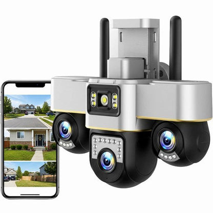 Cameră Supraveghere Exterior HD 12MP – Trei Motoare PTZ Independente (3x4MP)