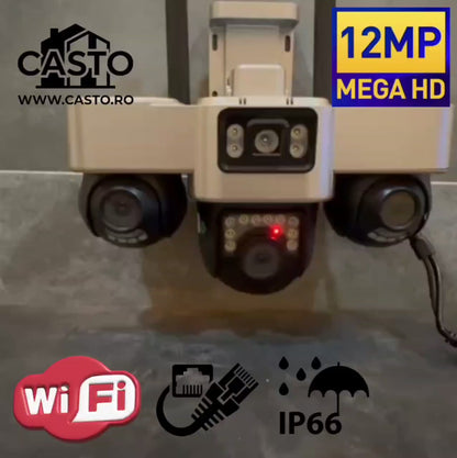 Cameră Supraveghere Exterior HD 12MP – Trei Motoare PTZ Independente (3x4MP)